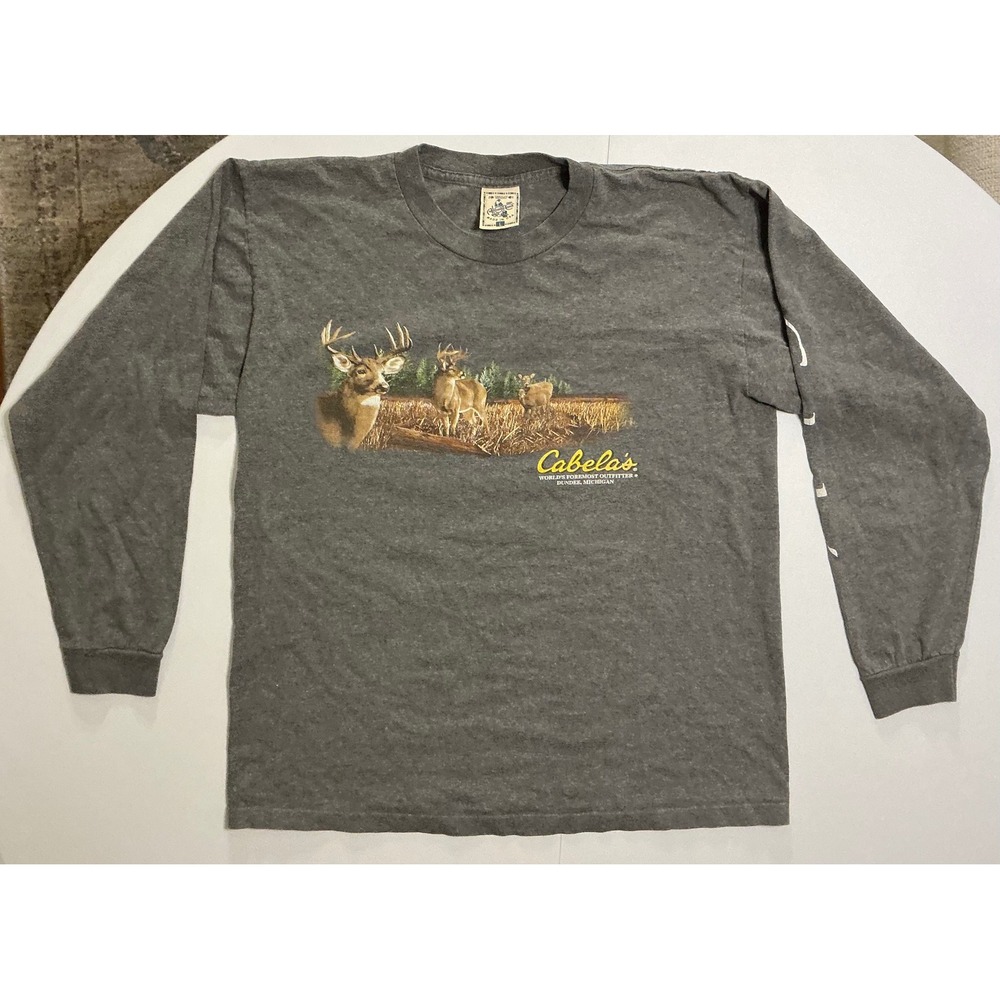 VTG USA Made Cabelas Deer Single Stitch Long Sleeve Shirt Sleeve Hit Grey Mens L